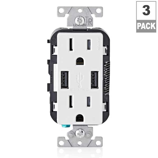 Leviton 15 Amp Decora Combination Tamper Resistant Duplex Outlet and USB Charger, White (3-Pack)