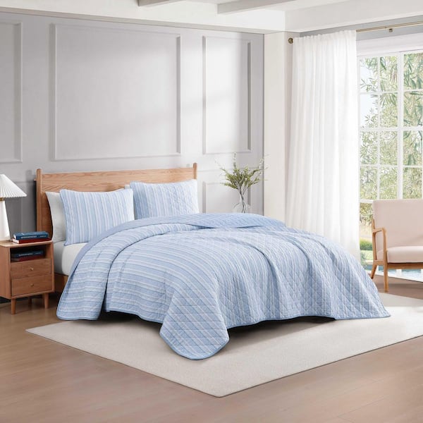 Sailing Stripe 2-Piece White/Dark Kentuky Blue Cotton Twin Quilt Set