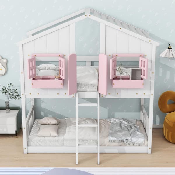 Pink and White Twin over Twin Bunk Bed with Roof and Window Box