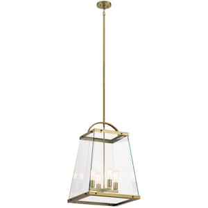 Darton 4-Light Brushed Natural Brass Transitional Shaded Large Foyer Pendant Hanging Light with Clear Glass
