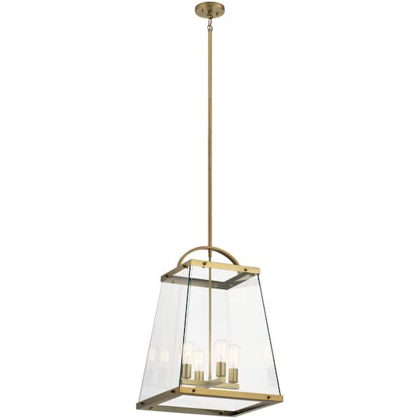 KICHLER Darton 4-Light Brushed Natural Brass Transitional Shaded Large Foyer Pendant Hanging Light with Clear Glass