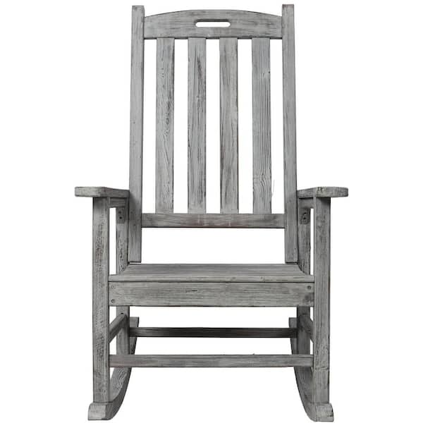 Gray Wood Outdoor Rocking Chair With Wide Seat and Tall Backrest