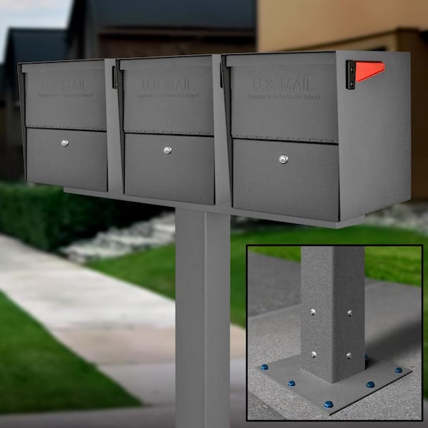 Package Master X3 Locking Post Mount Mailbox Combo Kit, Granite, Surface Mount Post, 3-Compartment High Security Cluster