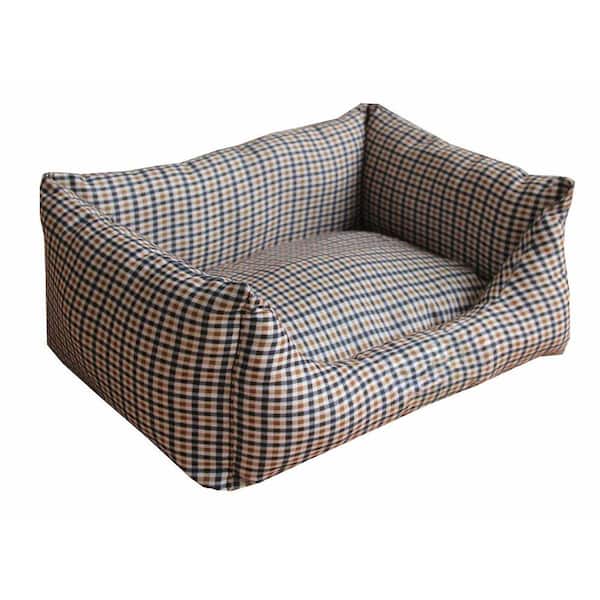 PET LIFE Rectangular Small Light Brown and Blue Plaid Bed