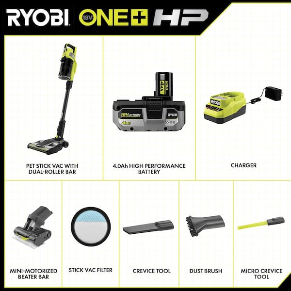 RYOBI ONE+ HP 18V Brushless Cordless Pet Stick Vac with Kit with  Dual-Roller, 4.0 Ah HIGH PERFORMANCE Battery, and Charger PBLSV717K - The  Home Depot
