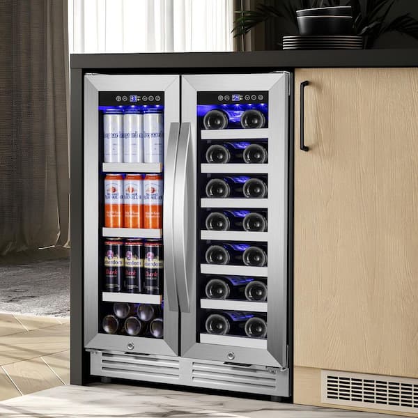 23.47 in. Dual Zone 20-Wine Bottles and 85 Plus Cans Beverage and Wine Cooler in Stainless Steel Four Door Handles