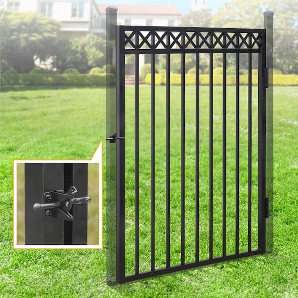 5 ft. x 4 ft. Flat Top Anti-Rust Metal Black Fence Gate