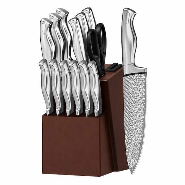 15-Piece High Carbon Stainless Steel Serrated Kitchen Knife Set with Block, Built-in Knife Sharpener, Dishwasher Safe