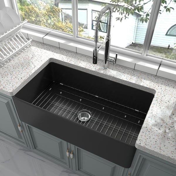 Kuomih Black Fireclay 36 in. Single Bowl Corner Farmhouse Apron Kitchen Sink with Bottom Grid and Basket Strainer