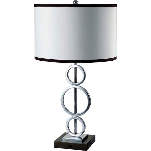 ORE International 26 in. 3 Ring Silver Metal Table Lamp (White) with Convenient Outlet