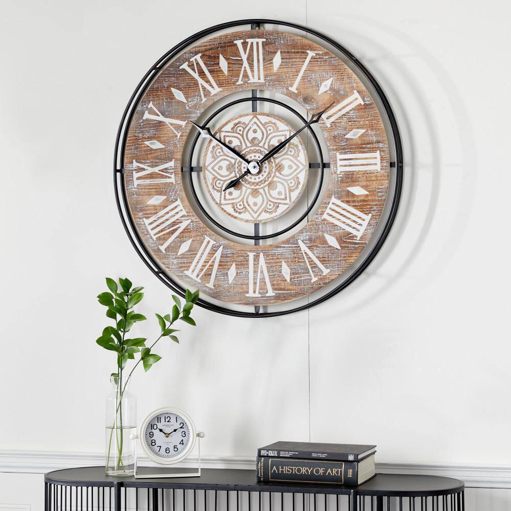 34" Brown Metal and Wood Industrial Wall Clock