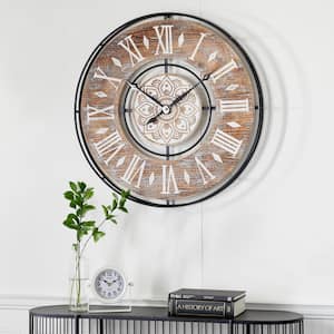 34 in. x 34 in. Brown Metal Wall Clock with Wood Accents