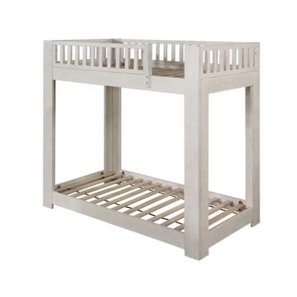 Benjara White Twin Adjustable Bunk Bed with Wooden Frame