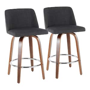 Toriano 26 in. Walnut and Charcoal Fabric Counter Stool with Round Chrome Footrest (Set of 2)