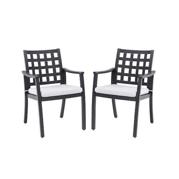 Modern Cast Aluminum Outdoor Dining Chairs with Lattice Backrest & Sunbrella Cushions, Ember Black (2-Pack)
