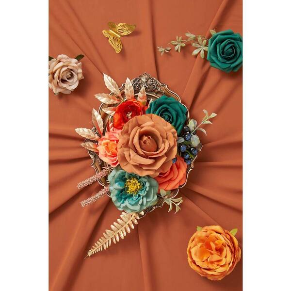 5 in. H Burnt Orange and Teal Artificial Silk Mixed Flowers for