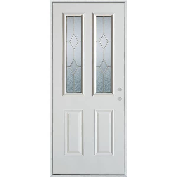 Stanley Doors 32 in. x 80 in. Geometric Brass 2 Lite 2-Panel Painted White Left-Hand Inswing Steel Prehung Front Door