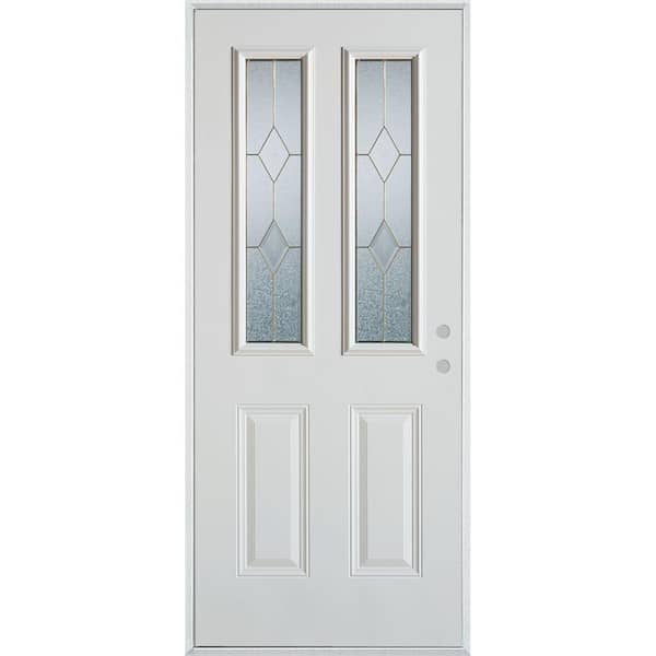 Stanley Doors 36 in. x 80 in. Geometric Brass 2 Lite 2-Panel Painted White Left-Hand Inswing Steel Prehung Front Door