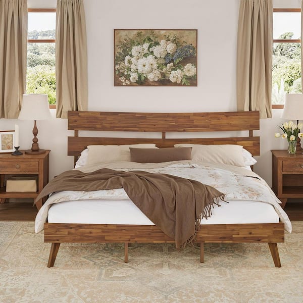 Mikla Brown Caramel Acacia Solid Wood Frame King Platform Bed Frame with Curved Headboard Wooden Slat Support