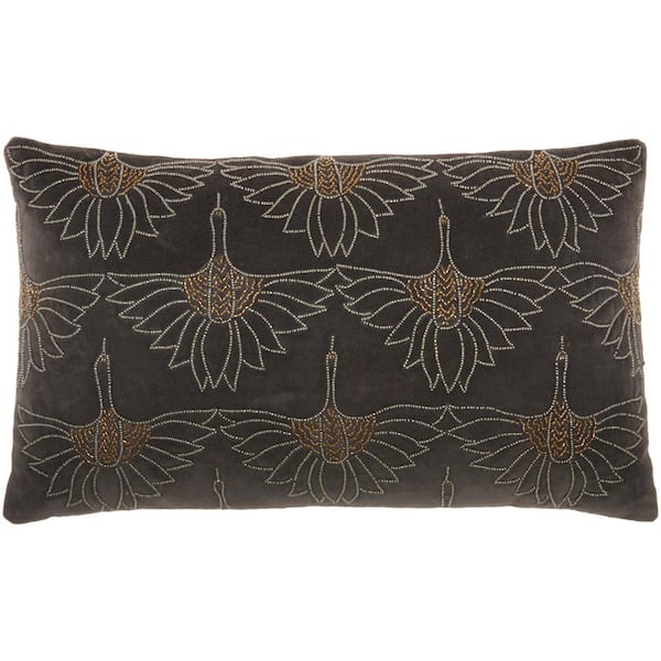 Mina Victory Sofia Dark Grey Floral Handmade 12 in. x 20 in. Throw Pillow