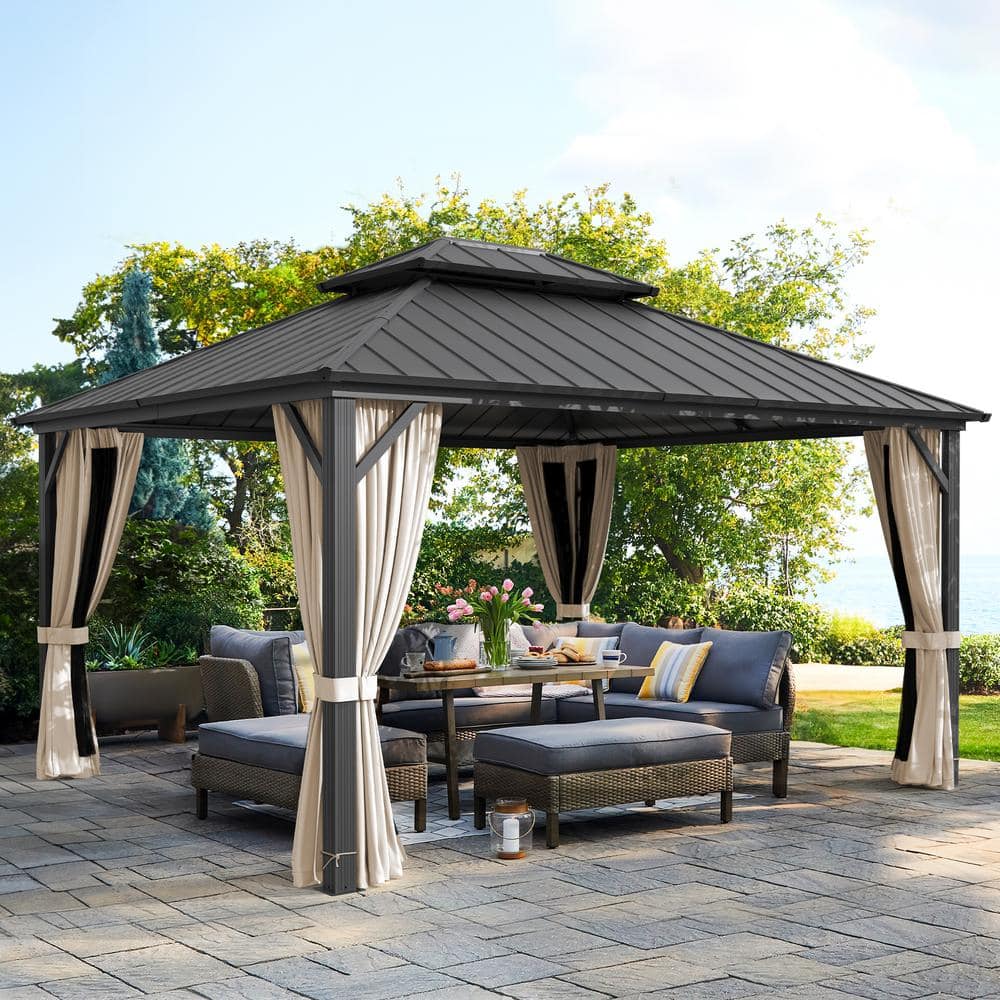 LUE BONA Hampton 12 ft. x 14 ft. Black Hardtop Aluminum Outdoor Gazebo With Galvanized Steel Double Roof Curtain Netting