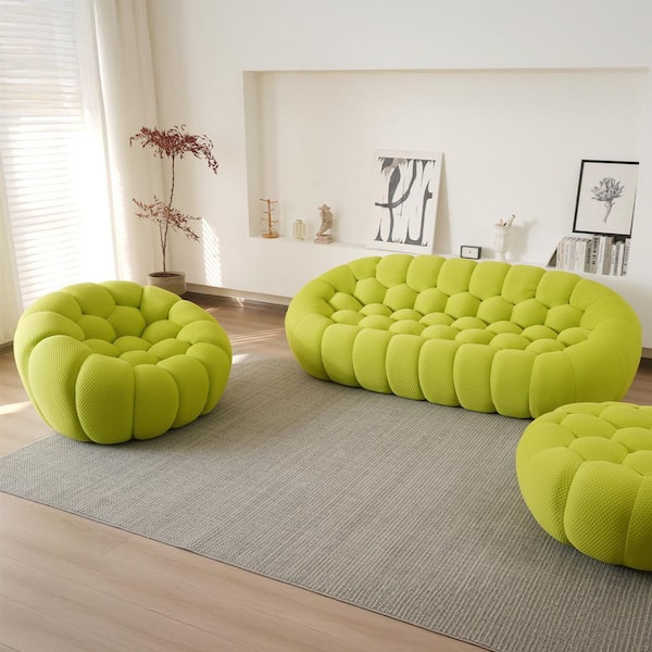 Bubble Armless Couch, Modern 2-Piece Mesh Fabric Lemon Green Living Room Set Curved Floor Sofa for Office Apartment