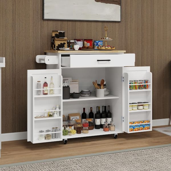 Otryad White Rubber Wood Top Kitchen Cart with 1 drawer & 2 doors with Adjustable Shelves & towel rack