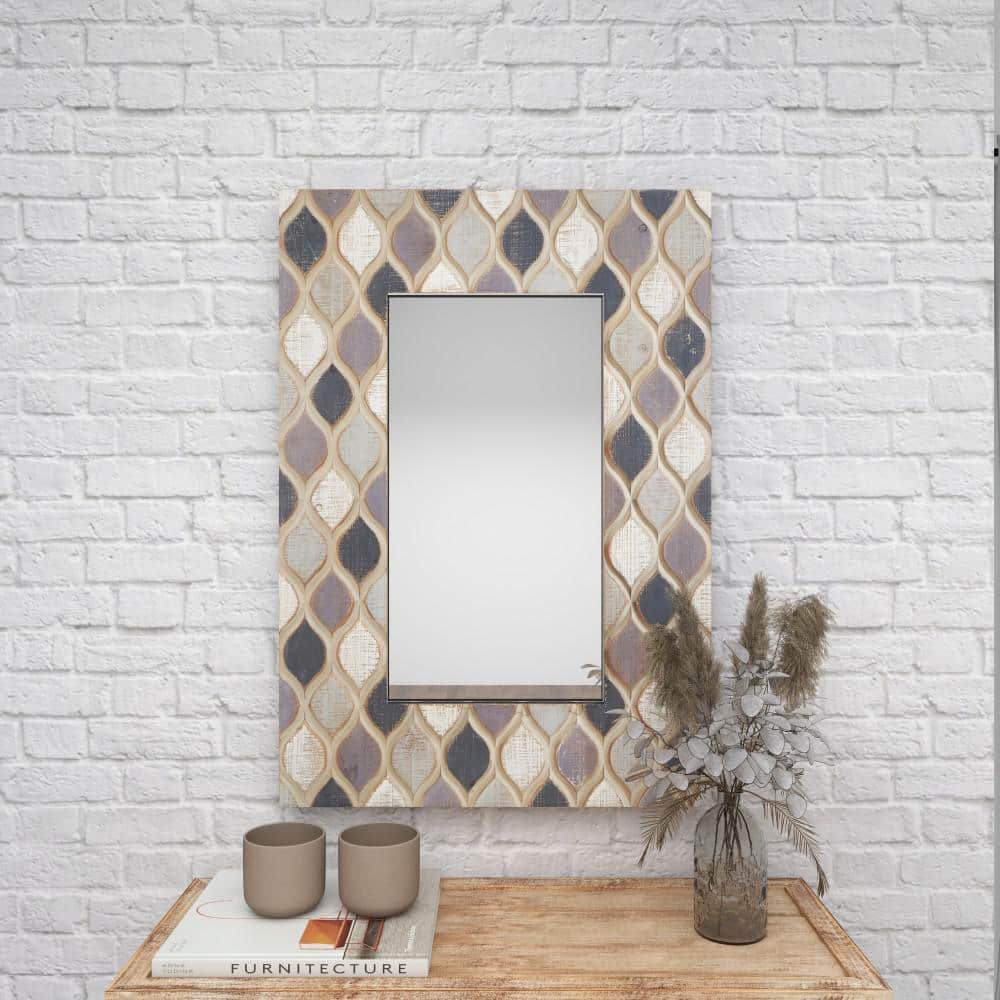 Beige Farmhouse Wood Wall Mirror with Diamond Pattern 28" x 40"