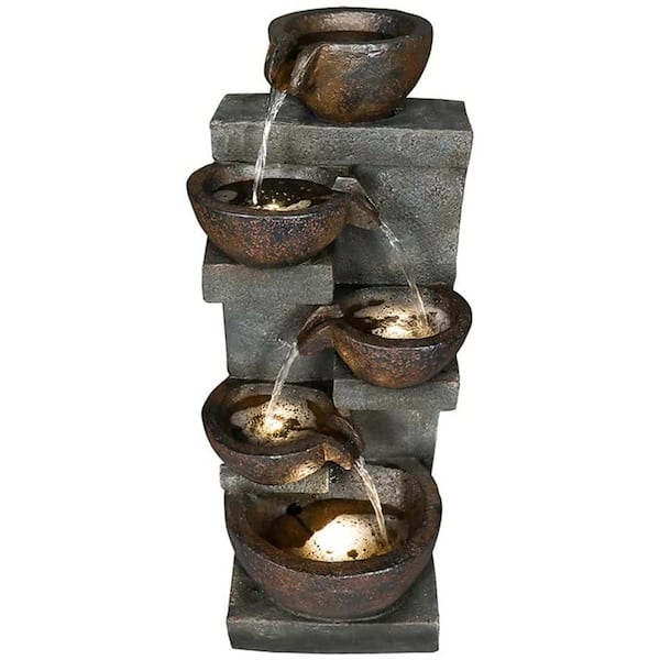 Unbranded 32.4 in. Tall Outdoor 5-Tier Gray Resin Water Fountain With LED