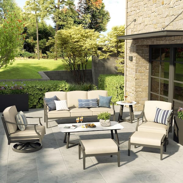 Tamarin 7-Piece Aluminum Outdoor Conversation Set with Echo Dune Sunbrella Cushions, Tables with Sintered Stone Top