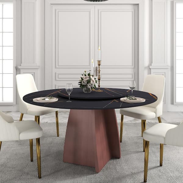 59.05 in. Black Rotable Lazy Susan Sintered Round Stone Tabletop Copper Pedestal Base Kitchen Dining Table (Seats-8)