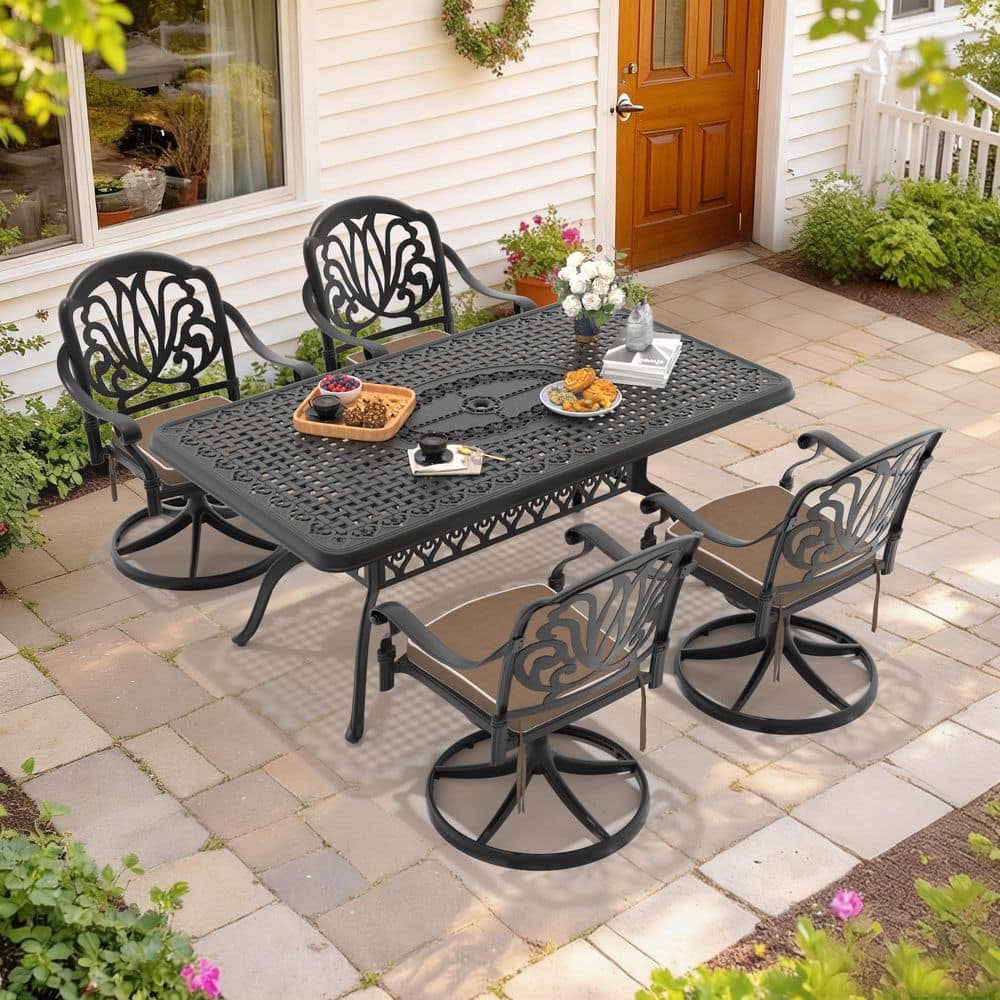 Black 5-Piece Cast Aluminum Outdoor Dining Set with 4 Swivel Rockers with Brown Cushion and Rectangular Table