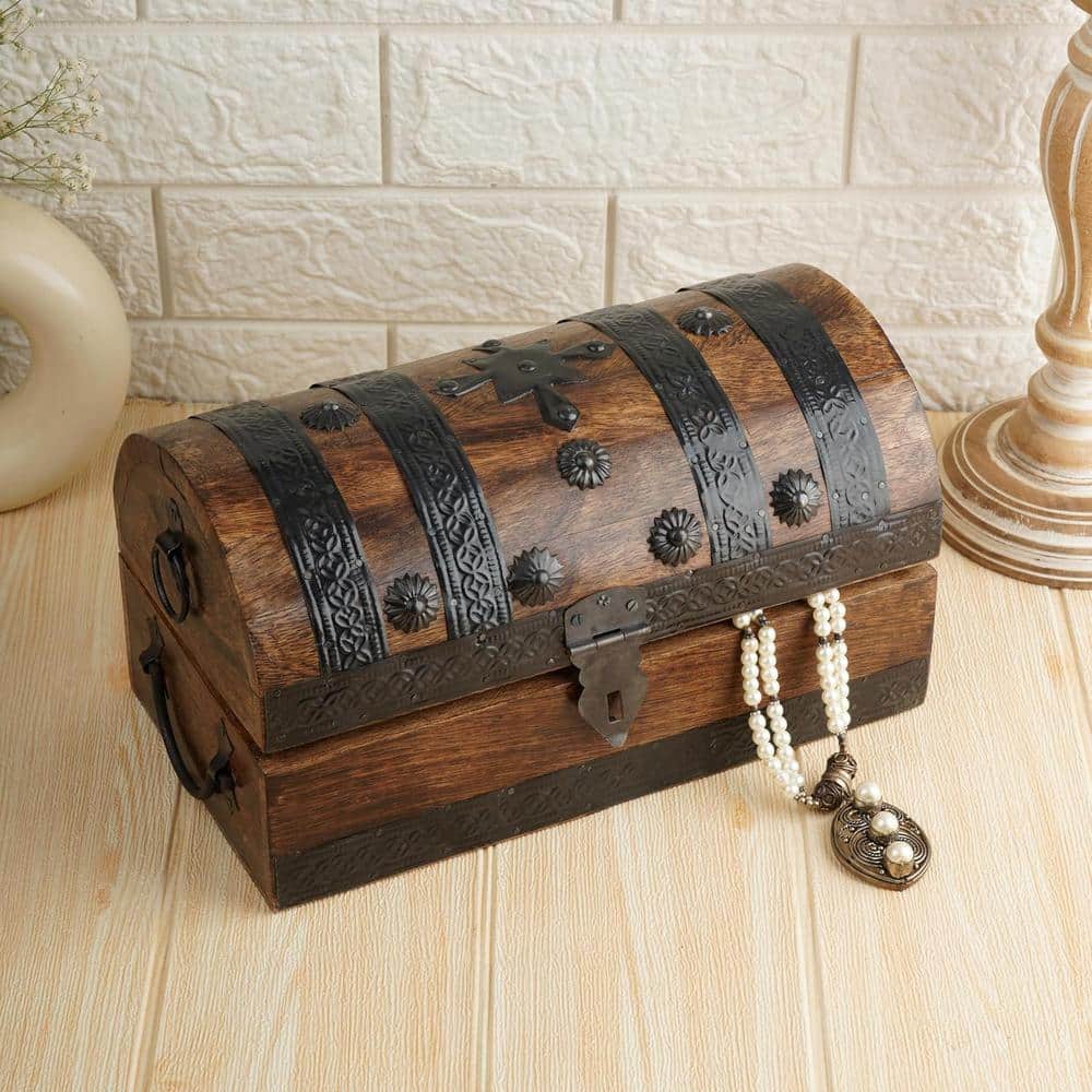 Handcrafted Medium Brown Mango Wood Pirate Treasure Chest Jewelry Box