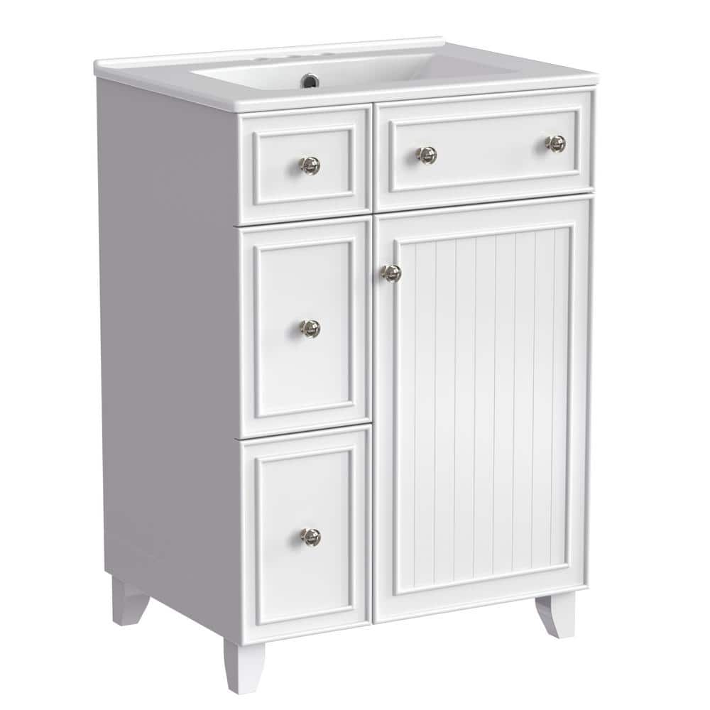 24" White Wood Freestanding Single Sink Bath Vanity with Ceramic Top