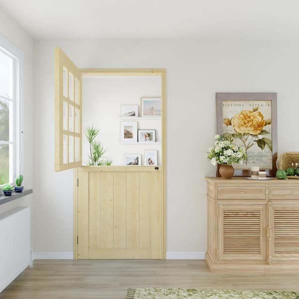 36 in. x 80 in. Unfinished Solid Pine Wood Universal 9-Lite Clear Glass Dutch Door Slab