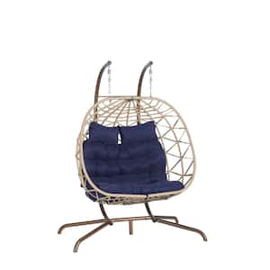 2-Person Light Yellow Wicker Patio Swing with Deep Blue Cushion Outdoor Rattan Hanging Chair Patio Wicker Egg Chair