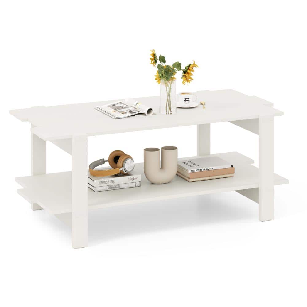 45 in. White Rectangle 2-Tier Slatted Wood Coffee Table with Open Storage Shelf