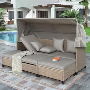 4-Piece Resin Wicker Outdoor Patio Sectional Set with Retractable Canopy Gray Cushions and Lifting Table for Backyard