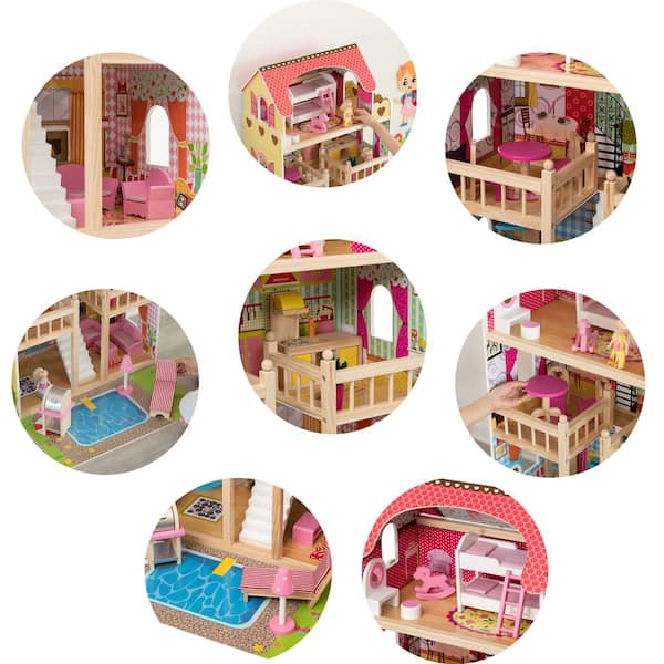 Gardenised Wooden Doll House with Toys and Furniture Accessories with LED Light for Ages 3+