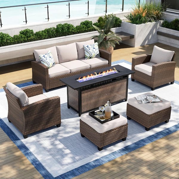 Brown Rattan Wicker 7-Seat 6-Piece Steel Outdoor Patio Conversation Set with Beige Cushions, Rectangular Fire Pit Table