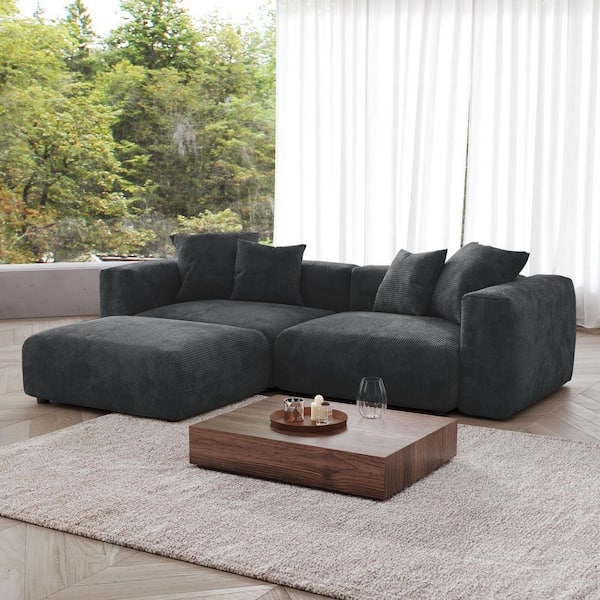 141.7 in. Square Arm Corduroy Velvet 4 Pieces Modular Free Combination Sectional Sofa with Ottoman in. Black