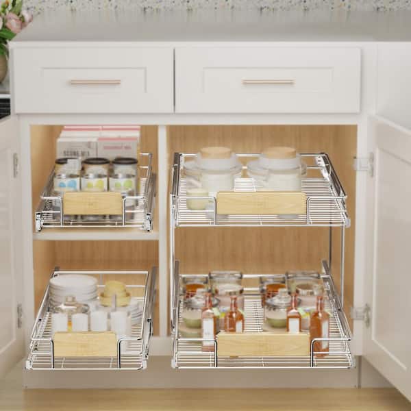 HOMEIBRO Space Saver Silver Metal Pull Out Organizer for Kitchen Wooden Handle Slide Out Storage