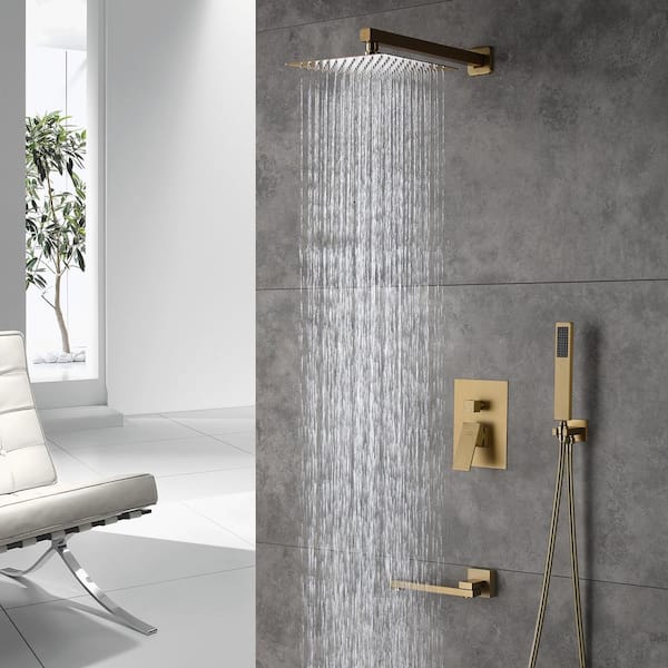 Bathroom Gold Plated Rainfall Shower Mixer Faucet Head+Handheld Spary Tub Spout 