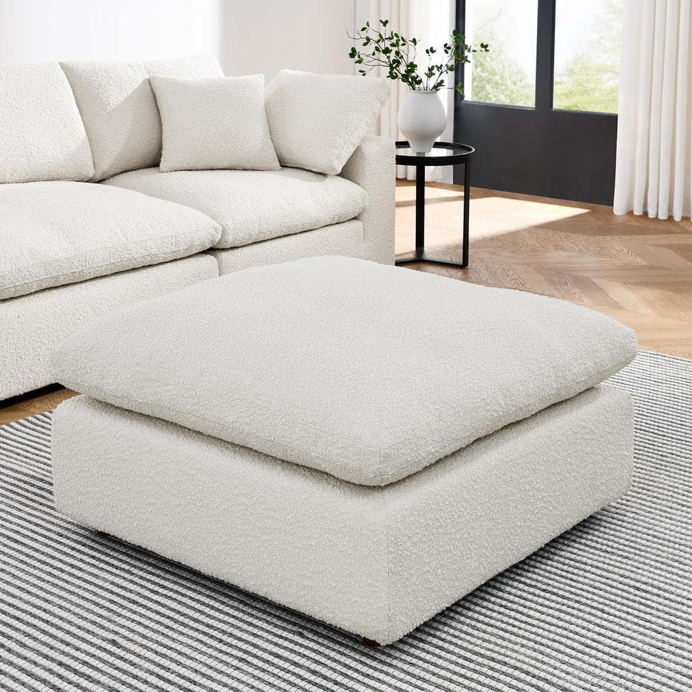 Commix Down Filled Overstuffed Boucle Fabric Ottoman in Ivory