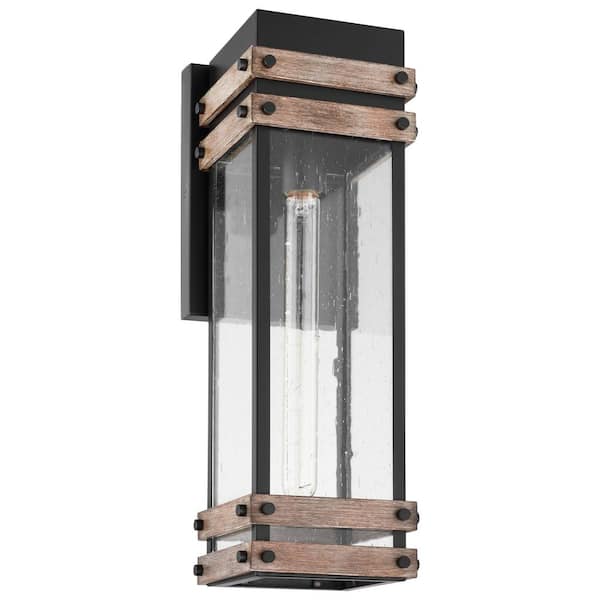 Homestead 18.75 in. Black / Wood Large Outdoor Hardwired Wall Lantern Sconce with Glass Shade, No Bulb Included