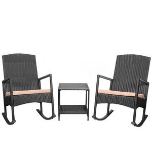 3-Pieces Black Arm Chair Outdoor Patio Rattan Wicker High-Back Rocker Cushioned Chair Set w/Table