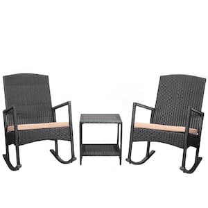 3-Pieces Black Outdoor Patio Rattan Wicker High-Back Rocker Cushioned Chair Set with Table