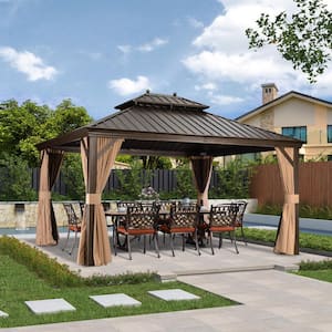 12 ft. x 14 ft. Bronze Aluminum Hardtop Gazebo Canopy for Patio Deck Backyard Heavy-Duty with Netting and Curtains