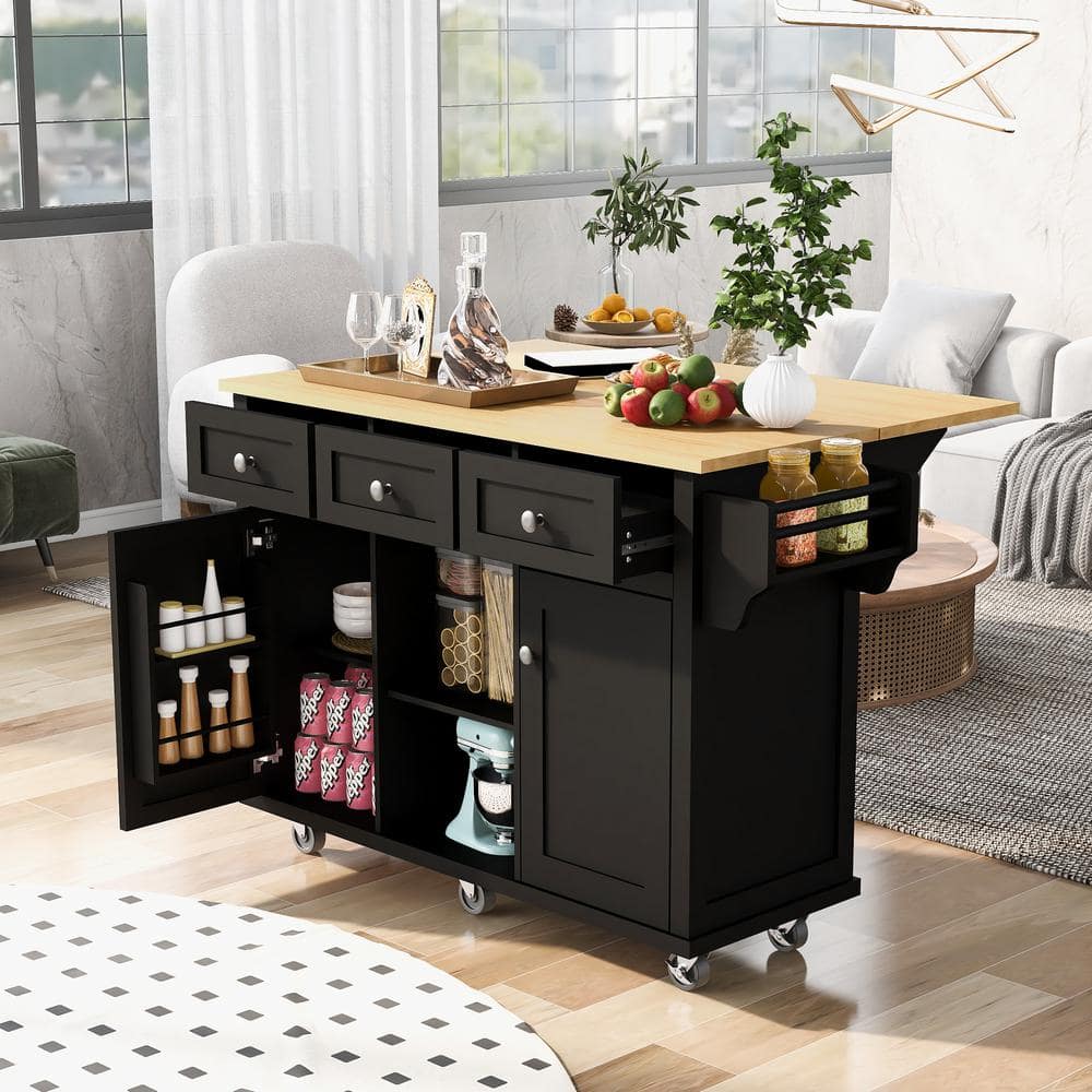 Harper & Bright Designs Black Kitchen Cart with Rubber Wood Drop-Leaf Tabletop, Cabinet Door Internal Storage Racks, 5-Wheels and 3-Drawers