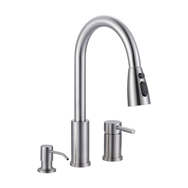 15 in. H Pull Down Sprayer Kitchen Faucet with Soap Dispenser, 360° Swivel Spout in Brushed Nickel